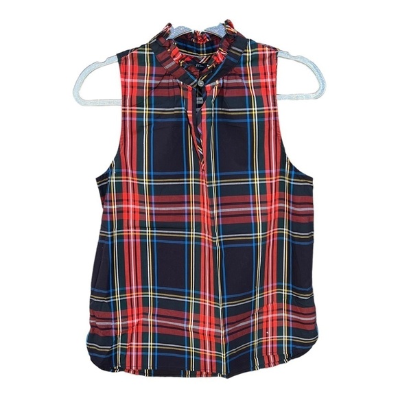 J. Crew Stewart Tartan Plaid Ruffle Collar Sleeveless Blouse Sz 2 NWT Red Black - Picture 2 of 10